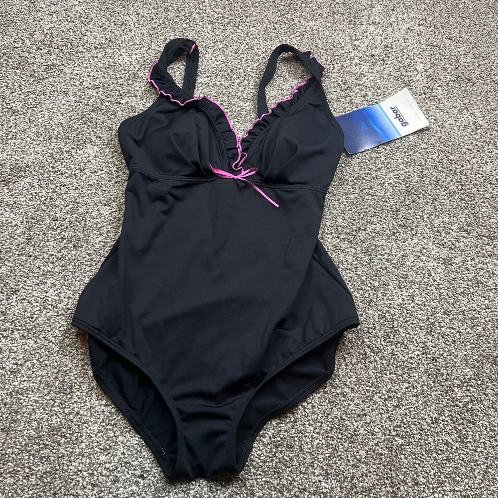 Gabar Swimsuit Womens 14 one piece  Black Pink Ruffle Trim Bow Detail Swim